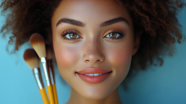 Portrait of a young woman with stylish glasses and makeup brushes against a vibrant orange background photo