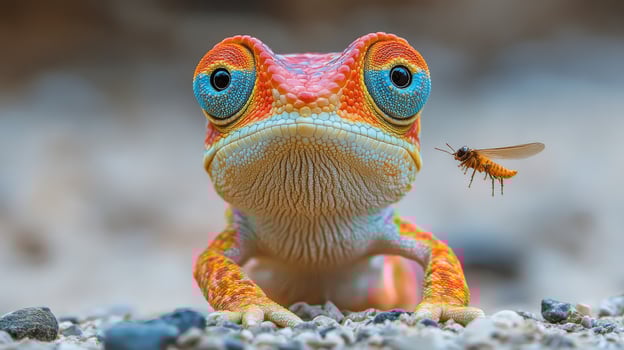 Unique colorful frog with vibrant eyes and details in natural habitat near an insect photo