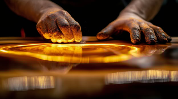 Artist shapes golden liquid creating intricate designs in workshop during vibrant afternoon light photo