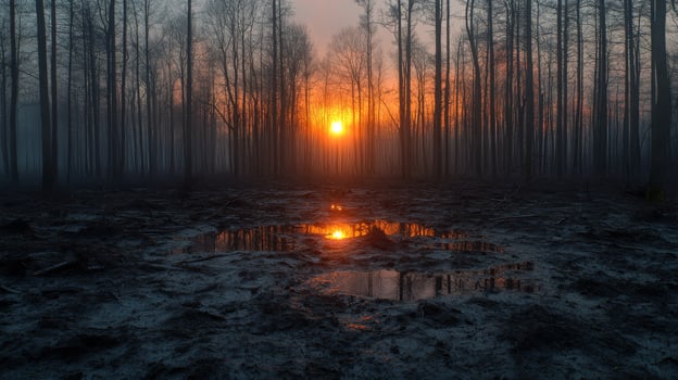 Sunset casts warm glow over burnt forest and reflective puddles in serene landscape photo