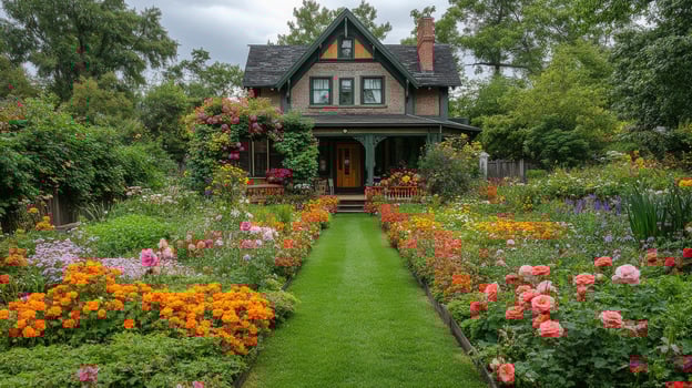 Beautiful garden surrounding a rustic brick house with vibrant flowers and lush greenery photo
