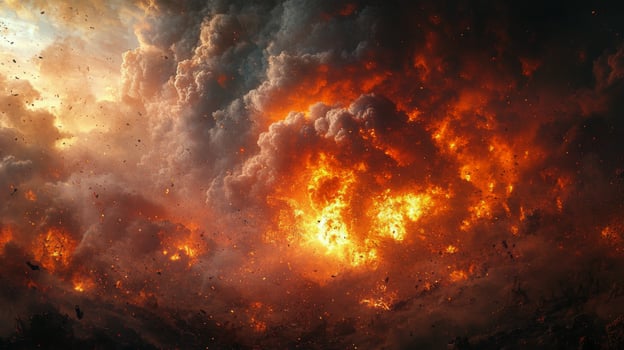 Dramatic fire and smoke erupt from a rugged landscape under ominous clouds photo