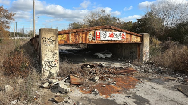 Deteriorated road with severe damage and rusted surface in rural area during winter photo