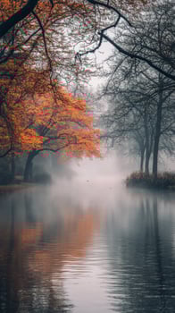 Calm, misty river surrounded by lush greenery in a serene forest setting photo