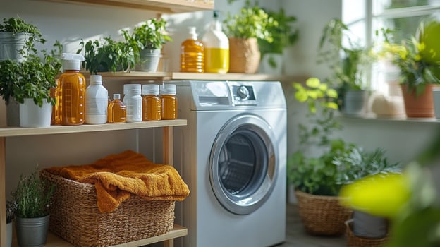 Modern laundry room with plants and natural light showcasing cleaning supplies and appliances photo