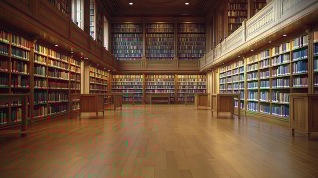 Long corridor lined with shelves filled with colorful books in an old library setting photo