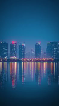Stunning city skyline illuminated at night reflecting on water surface in urban area photo