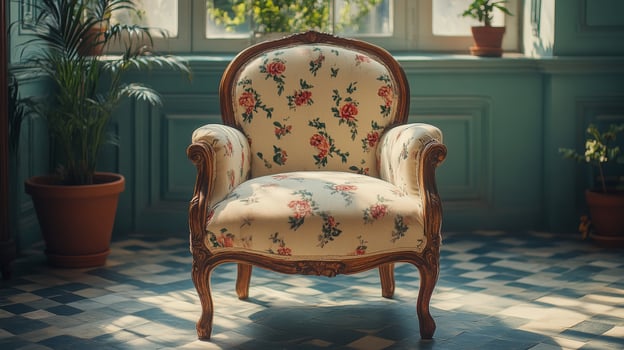 Cozy floral chair illuminated by warm sunlight in a charming indoor setting photo