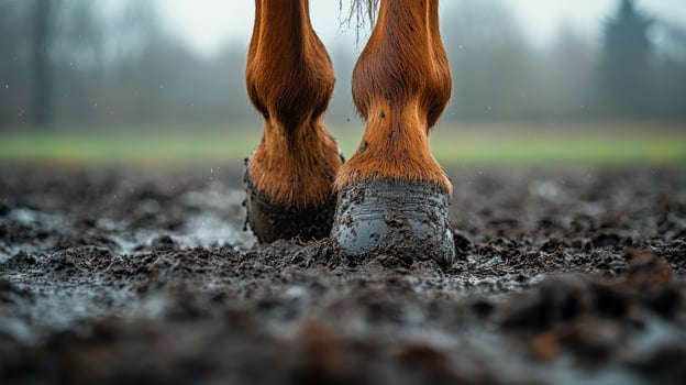 Close-up of horse hooves in muddy terrain during early morning light photo