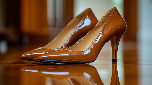 Elegant brown high heels placed on a polished wooden floor reflecting light beautifully photo