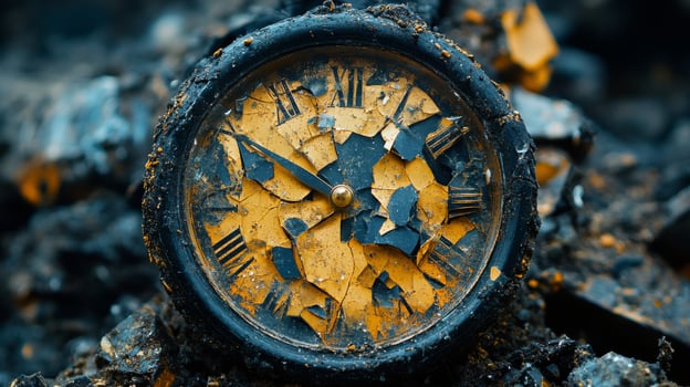 Forgotten alarm clock covered in dust and debris showing the passage of time in a derelict space photo
