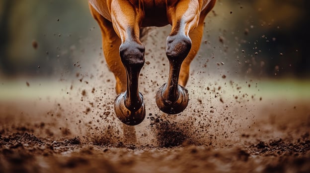 Horse galloping through muddy ground on an overcast day in rural landscape photo