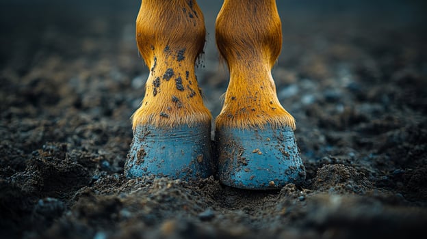 Close-up of horse hooves in muddy terrain during early morning light photo
