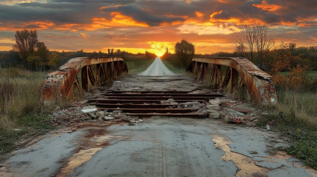 Abandoned road with collapsed bridge surrounded by autumn foliage on a rainy day photo