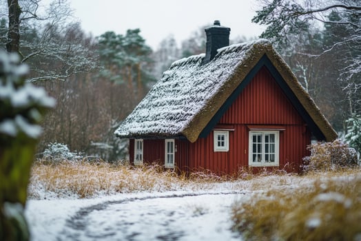 Red wooden cabin covered with snow in a winter forest photo