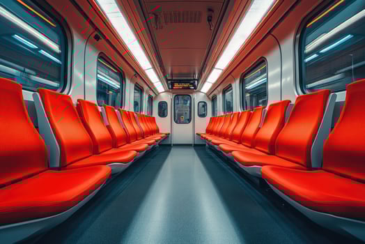 Empty modern subway car with red seats waiting for passengers photo