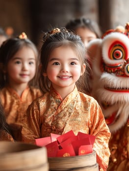 A joyful child in a golden traditional outfit holds red envelopes during Chinese New Year celebrations, surrounded by festive decorations and cultural symbols, radiating happiness and prosperity. photo