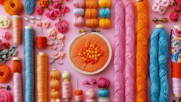A variety of colorful thread and thread on a pink background photo