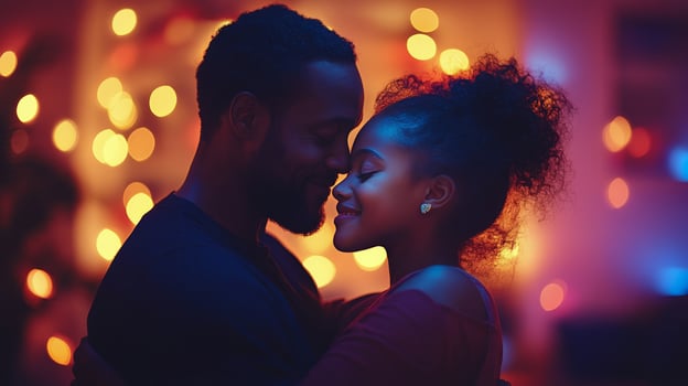 A young couple embracing in front of a christmas tree photo
