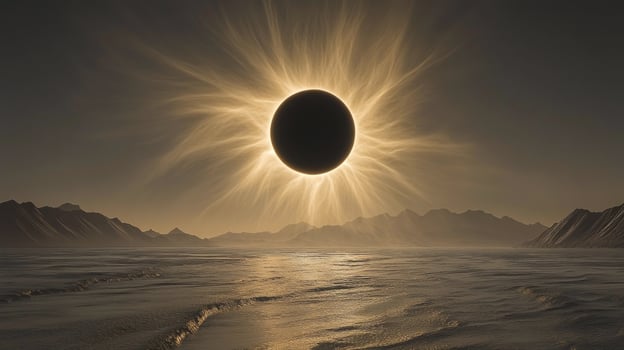 Majestic solar eclipse over a tranquil landscape with mountains and water at dusk photo