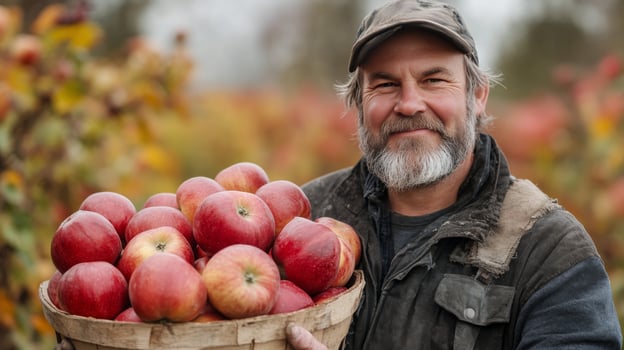 A man holding a basket of apples in an apple orchard photo