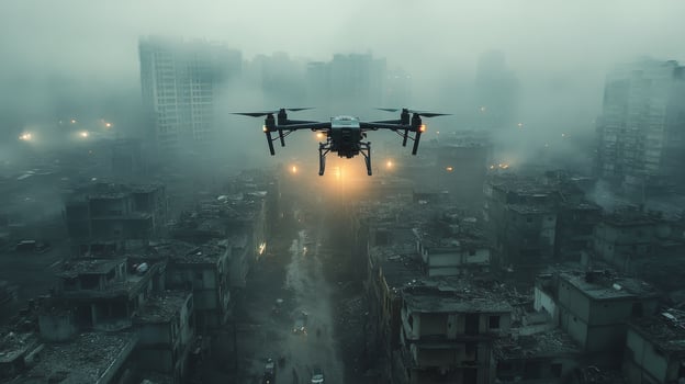 A drone flying over a city at night photo