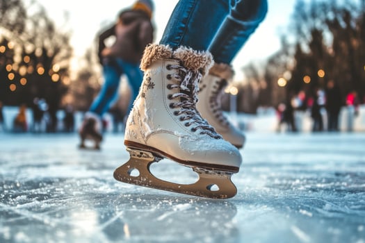 A person skating on ice with their feet on the ground photo