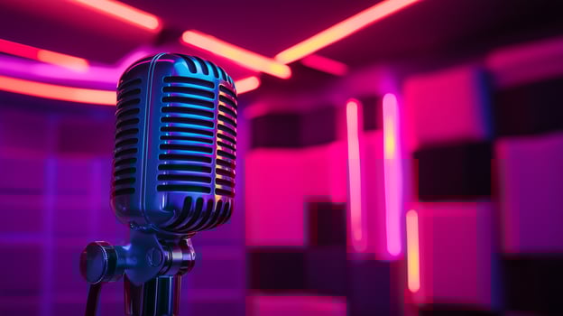 Neon-lit recording booth with microphone performance photo