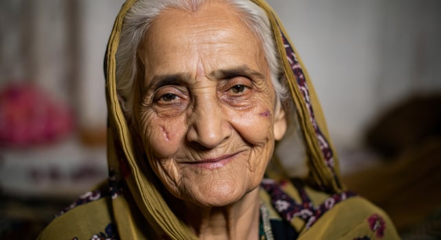 Elderly woman with headscarf smiling warmly in traditional dress indoors photo