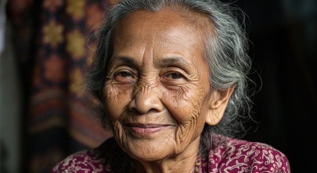 Elderly asian woman smiling, embracing cultural heritage with warmth and wisdom in traditional clothing photo