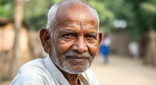 Portrait of a mature indian male smiling outdoors in a rural setting photo