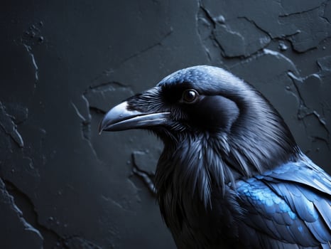 A crow is standing in front of a dark background photo