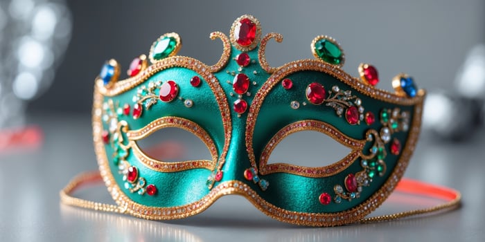 A green masquerade mask with red jewels photo