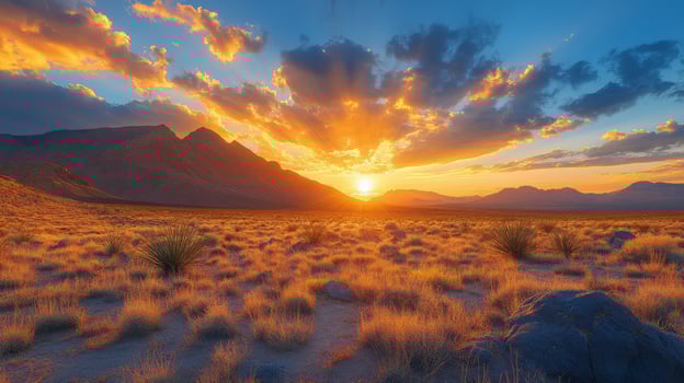 Sunset over a desert landscape highlighting a unique cactus in bloom photo