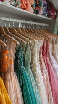 Collection of vibrant summer dresses displayed on wooden hangers in trendy boutique photo