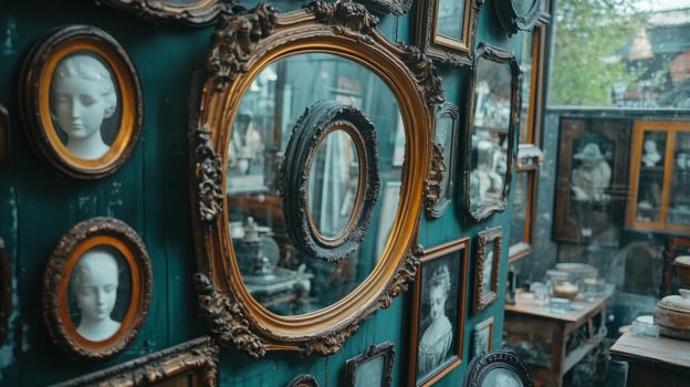 Woman gazes into ornate mirrors in an atmospheric setting with warm lighting photo