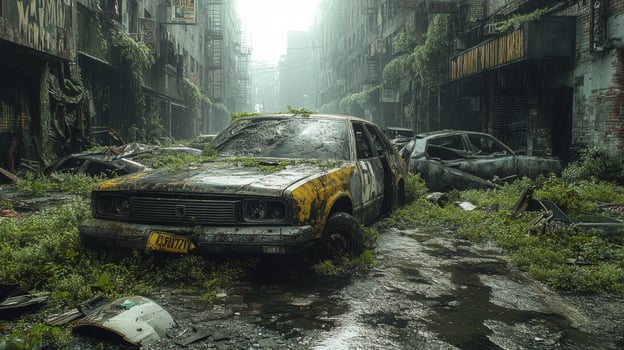 Decayed urban landscape with abandoned cars overgrown by vegetation in a deserted city photo