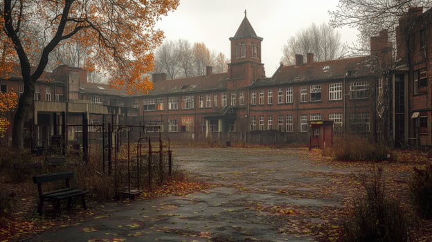 Abandoned courtyard with bench surrounded by overgrown plants in a misty environment photo