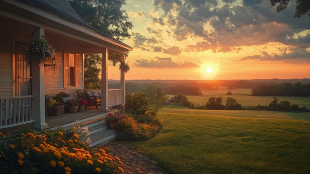 Sunset view from a cozy porch adorned with flowers in a rural landscape photo