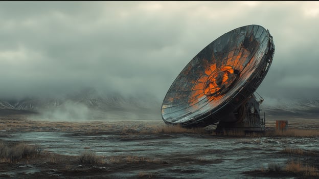 Abandoned satellite dish in a desolate landscape under a cloudy sky photo