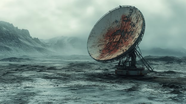 Abandoned satellite dish in a desolate landscape under a cloudy sky photo