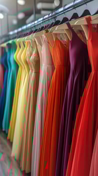 Collection of vibrant summer dresses displayed on wooden hangers in trendy boutique photo