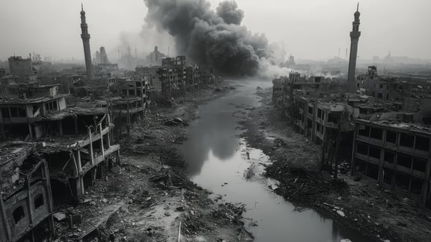 Desolate urban landscape with smog and ruined buildings in an abandoned area during cloudy weather photo