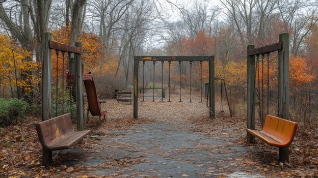 Playgrounds in autumn reveal deserted swings and slides in quiet neighborhood park photo