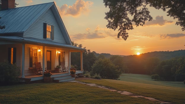 Sunset view from a cozy porch adorned with flowers in a rural landscape photo