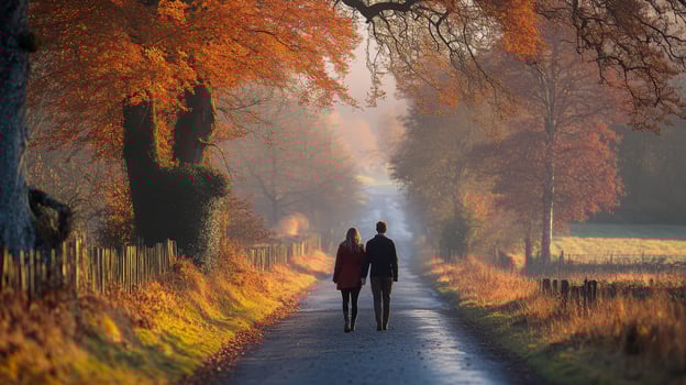 Couple walking hand in hand along a tree-lined path during autumn morning photo