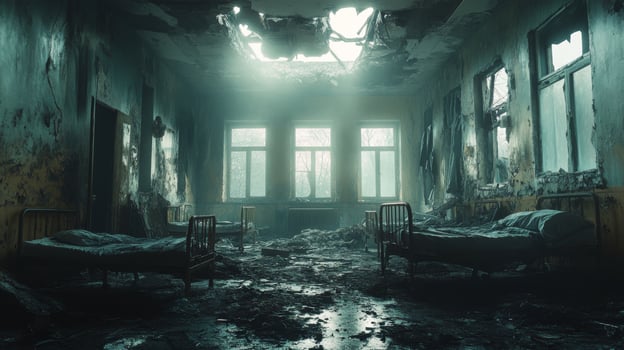 Abandoned hospital room filled with decay and neglect, showcasing empty beds and broken furniture photo