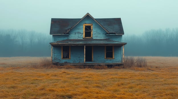Abandoned house surrounded by wildflowers under a clear blue sky in a rural landscape photo