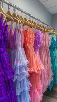 Collection of vibrant summer dresses displayed on wooden hangers in trendy boutique photo