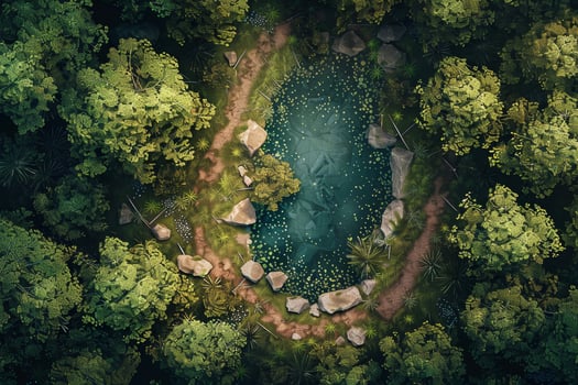 An aerial view of a pond surrounded by trees photo